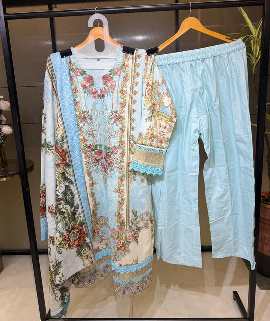 Pure Cotton With Embroidery and Laces Stitched Pakistani Style Suit